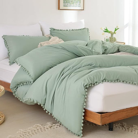 YIRDDEO King Size Comforter Set - King Size Comforter with Ball Pom Fringe, Soft King Bedding Set for All Seasons - 3 Pieces, 1 Comforter (104"x90"inches) & 2 Pillow Shams(20"x36"), Sage Green