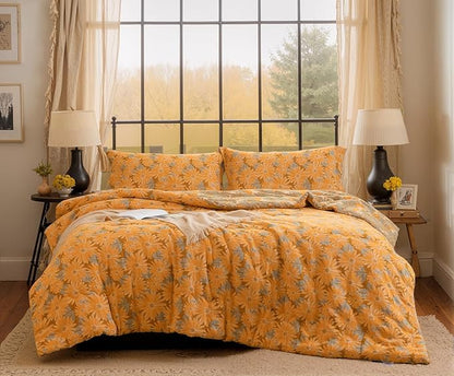 SLEEPBELLA Washed Double Layer Muslin 100% Cotton Comforter Set Queen Size, Yellow & Blue Sunflower Pattern Fluffy Thick Checked Bedding Set, Soft Breathable (1 Comforter, 2 Pillow Shams)