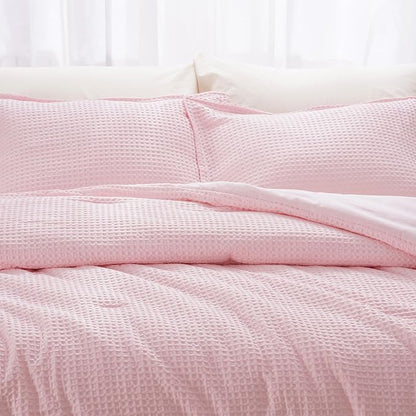 David's Home Waffle Weave Comforter Set 3PCS Queen Size, Soft Breathable Lightweight Cozy Skin-Friendly Warm for All Season, Elegant Aesthetic Home Decor Bedding Set with Pillow Shams, Pink