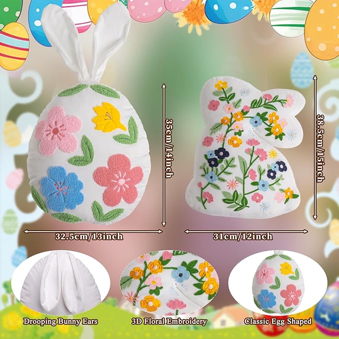 Lanpn Easter Bunny Egg Shaped Throw Pillows Set of 2, Floral Embroidered Rabbit Decorative Cushions for Sofa Couch Bedroom Spring Holiday Home Decor (White)