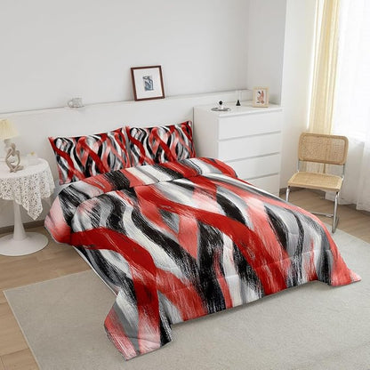 Erosebridal Geometric Stripes Comforter Twin Modern Abstract Comforter Set Grey Black Red Bedding Set for Kids Boys Teen Men Swirl Lines Quilt Duvet Room Decor 2 Pcs