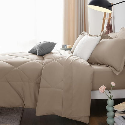 CozyLux King Size Comforter Set Khaki - 7 Pieces Bed in a Bag King, Luxury Soft Bed Set for All Seasons, Bedding Set with Down Alternative Comforter, Sheets, Pillowcases & Shams