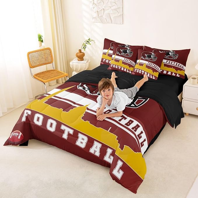 Erosebridal Football 7 Pcs Comforter Set Twin Football Fans Bedding for Kids Football City Sheet Set Bed in A Bag Red Yellow Rugby Competition Room Decor Sports Ball Game Quilt