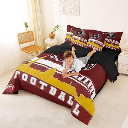 Erosebridal Football 7 Pcs Comforter Set Queen Football Fans Bedding for Kids Football City Sheet Set Bed in A Bag Red Yellow Rugby Competition Room Decor Sports Ball Game Quilt