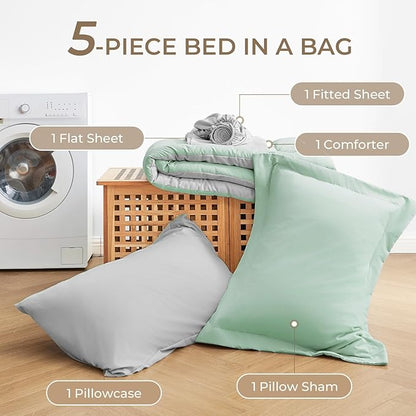 Sasttie Twin Comforter Set, 5 Pieces Reversible Bed in a Bag Twin, Complete Bedding Set Includes Comforter, Flat Sheet, Fitted Sheet, Pillowcase and Pillow Sham, Sage & Light Grey