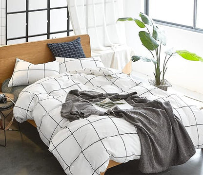 Pureant White Plaid Comforter Sets Queen Size Black and White Grid Bedding Comforters Cotton Women Men Modern Simple Geometric Quilt Comforter Adults Teens White Buffalo Plaid Comforter Bedding Soft