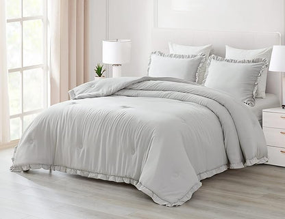 Chezmoi Collection Nora Light Gray Comforter Set Ovesized King 3-Piece Fluffy Soft Stone-Washed Ruffled Shabby Chic Bedding for All Season