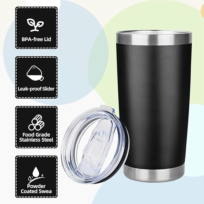 20oz Tumbler with Lid Stainless Steel Insulated Tumblers Travel Coffee Tumbler Bulk Double Wall Vacuum Insulated Water Cup Christmas Gifts for Women Men Her Him Home Office (Black, 4pack)