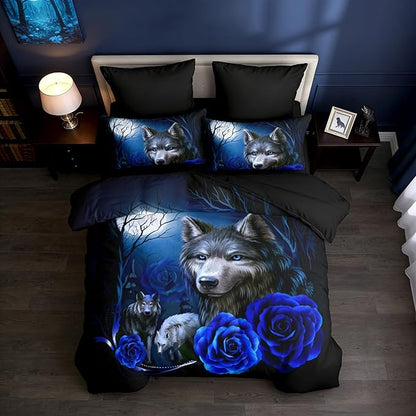 Wolf Rose Bedding Sets Queen,Blue Animal Print Comforter for Youth Women with 2 Pillowcases/90 * 90