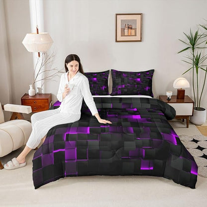 Erosebridal Black Purple Comforter Set Queen Neon Geometric Checkered Bedding Set for Girls Teen Women,Tereoscopic Grids Comforter Square Plaid Quilt Duvet Room Decor 3 Pcs