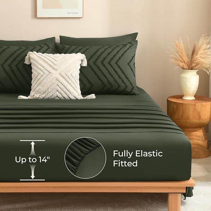 Litanika Oversized Queen Size Comforter Set with Sheets Olive Green - 7 Pieces Bed in a Bag Oversized King Boho Tufted Complete Bedding Sets with Comforter, Sheets, Pillowcases & Shams