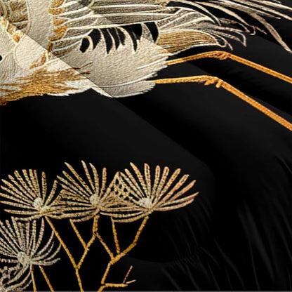 Japanese Style Comforter Set Full Size Black Gold Pine and Crane Bedding Set 3D Vintage Chinoiserie Printing Bedding White Golden Bird Tree Comforter Ultra Soft Lightweight Microfiber