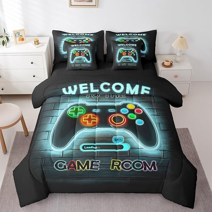 jejeloiu Teal Gamer Gaming 7 Piece Bedding Set Full Size for Boys Game Console Comforter Set with Sheets Kids Teens Neon Light Bed in a Bag Cool Game Room Decor Bed Set