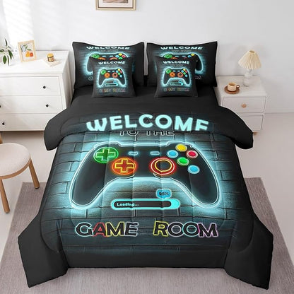 jejeloiu Teal Gamer Gaming 7 Piece Bedding Set King Size for Boys Game Console Comforter Set with Sheets Kids Teens Neon Light Bed in a Bag Cool Game Room Decor Bed Set