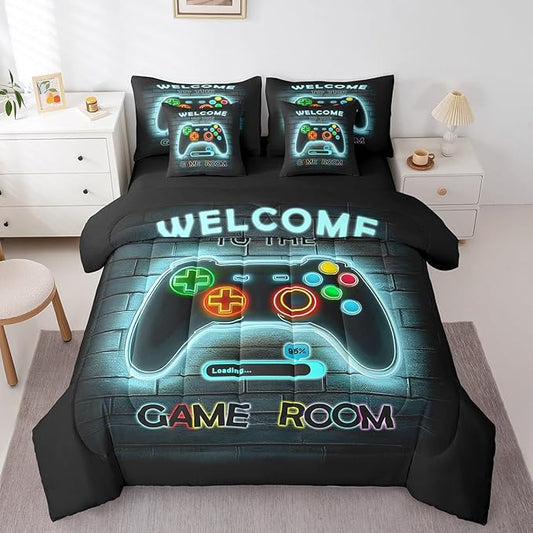 jejeloiu Teal Gamer Gaming 7 Piece Bedding Set King Size for Boys Game Console Comforter Set with Sheets Kids Teens Neon Light Bed in a Bag Cool Game Room Decor Bed Set