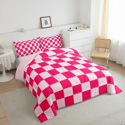 Feelyou Checkered Bedding Set Teen Women Boho Modern Cute Aesthetic Decorative Girly Comforter Set Toddler Size Kids Boys Girls Geometric Chic Duvet Insert Pink White Plaid Room Decor