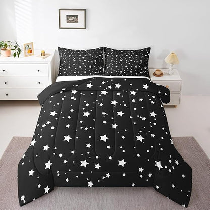 Starry Sky Comforter Set Queen Size Galaxy Star Bedding Set for Kids Boys Girls, Outer Space Down Comforter, Black and White Geometric Polka Dots Quilt Set Warm Soft Bedroom Decor 2 Pillow Cases