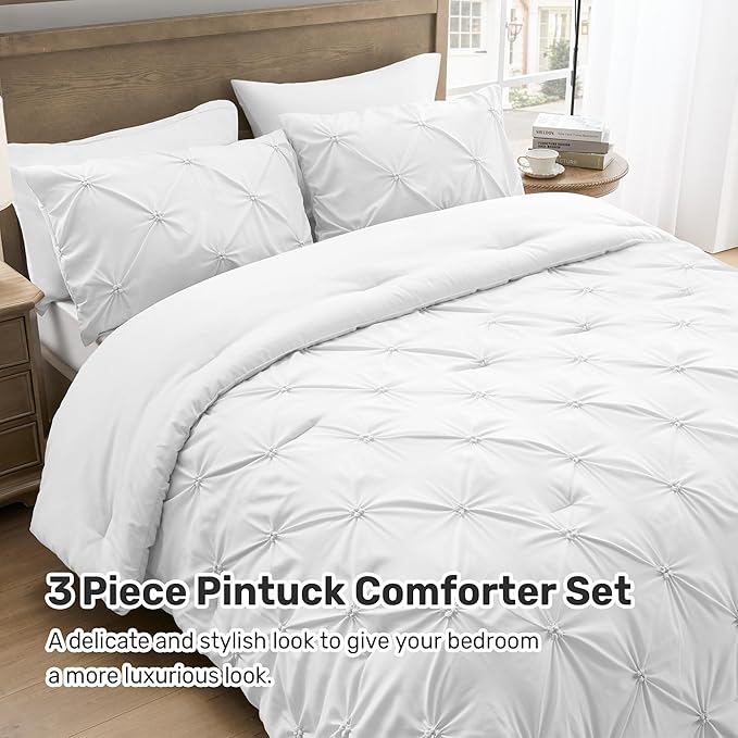 UNIKOME Queen Comforter Set White - Ultra Soft Boho Pintuck Down Alternative Bedding Set for All Seasons, 3 Pieces Lightweight Warm Pinch Pleat Bed Set with Comforter, 2 Pillowcases