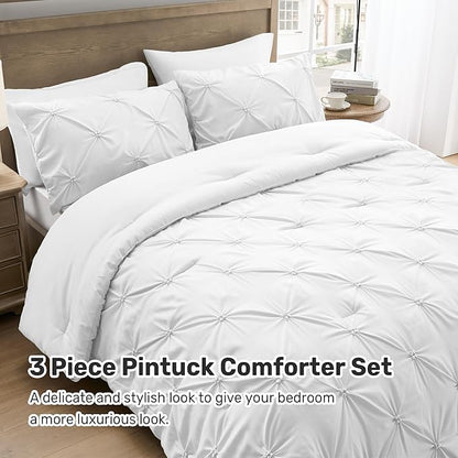 UNIKOME King Size Comforter Set White - Ultra Soft Boho Pintuck Down Alternative Bedding Set for All Seasons, 3 Pieces Lightweight Warm Pinch Pleat Bed Set with Comforter, 2 Pillowcases