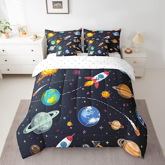 Erosebridal 7 Pcs Galaxy Comforter Set Twin Size,Cartoon Out Space Planet Bed in a Bag with Flat Fitted Sheet for Kids and Adults,Stars Sun Earth Bedding Set with Pillowcases and Cushion Cases