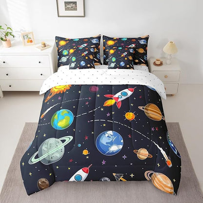 Erosebridal 7 Pcs Galaxy Comforter Set Twin Size,Cartoon Out Space Planet Bed in a Bag with Flat Fitted Sheet for Kids and Adults,Stars Sun Earth Bedding Set with Pillowcases and Cushion Cases