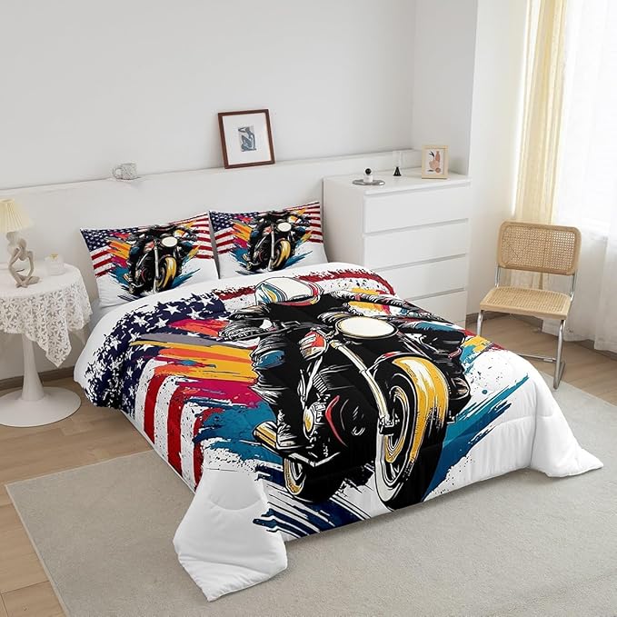 Feelyou Dirt Bike Comforter Set Full Size American Flag Comforter Extreme Sports Bedding Set Racing Motocross Rider Duvet Set Room Decor White Quilt Set