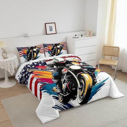 Feelyou Dirt Bike Comforter Set Full Size American Flag Comforter Extreme Sports Bedding Set Racing Motocross Rider Duvet Set Room Decor White Quilt Set