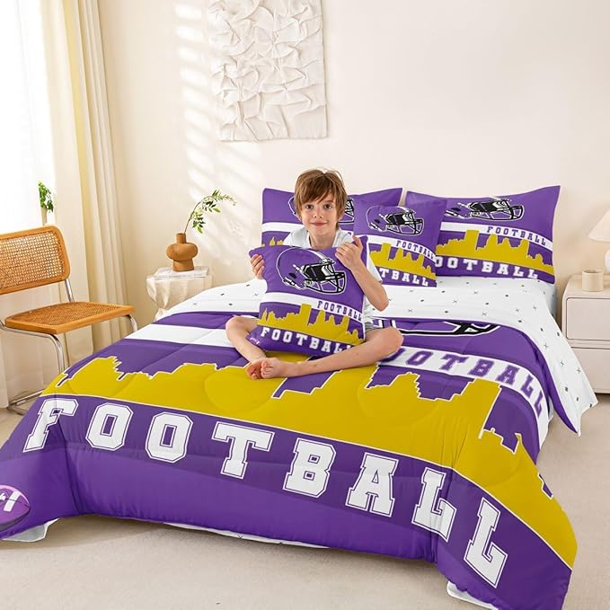 Erosebridal Football 7 Pcs Comforter Set Twin Football City Bedding for Teens Purple Football Fans Sheet Set Bed in A Bag Rugby Game Room Decor Sports Ball Competition Bed Set