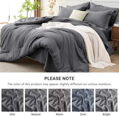 MUXHOMO 7 Pieces King Comforter Set, Soft Bed in a Bag King Size, All Season Bedding Set with Comforter, Flat Sheet, Fitted Sheet, Pillowcases & Shams, Dark Grey