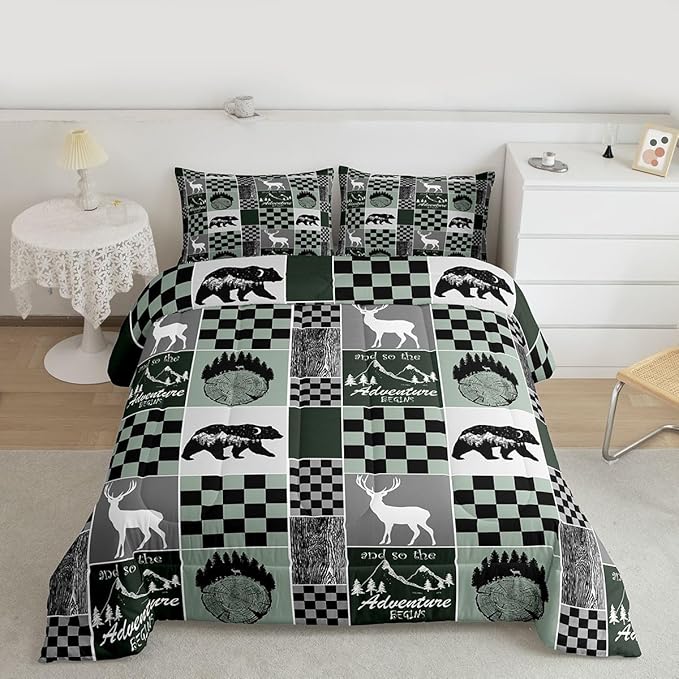 Rustic Cabin Lodge Bedding Twin Size, Bear Deer Wildlife Comforter Set For Kids Teens Adult, Country Forest Hunting Wild Animal Duvet Insert Retro Plaid Patchwork Down Comforter Farmhouse Decoration