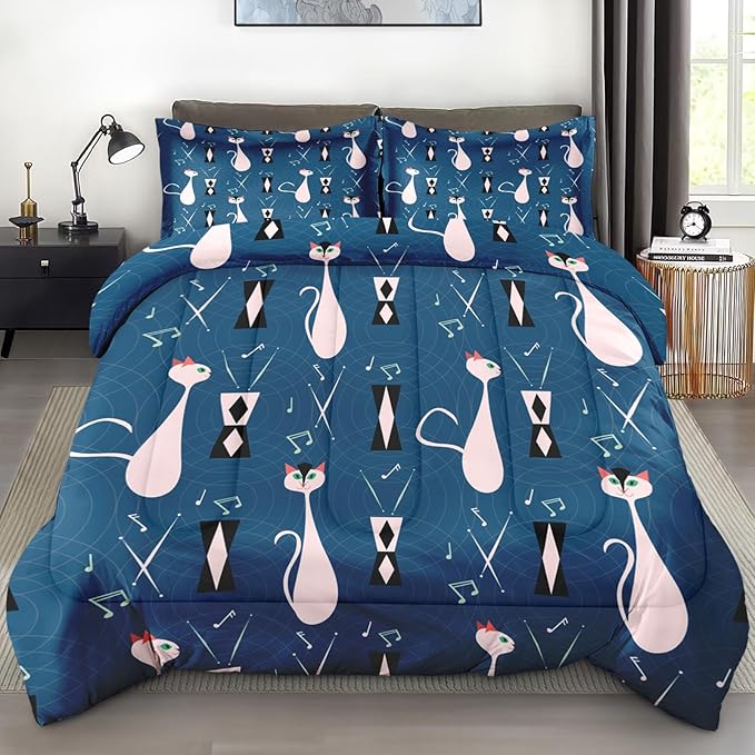Comforter Set Twin Size, Musical Cat Blue 2 Pcs Soft Bedding Set for Kids and Adults, Pink Green Mid Century Comforter Set with Pillowcase, for Bedroom Bed Decor