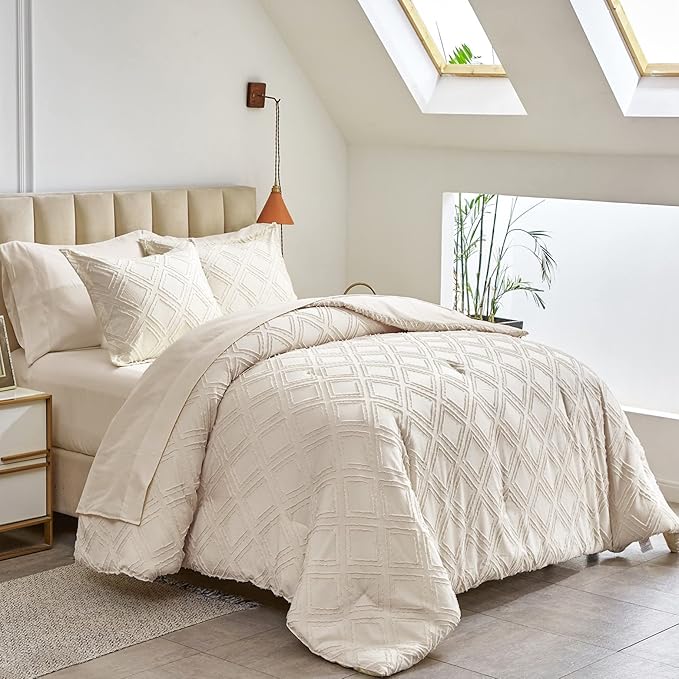 6 Pieces Tufted Bed in a Bag Twin Comforter Set with Sheets Beige, Soft and Embroidery Shabby Chic Boho Bohemian Design, Luxury Solid Color with Diamond Pattern, Jacquard Tufts Bedding Set for Kids