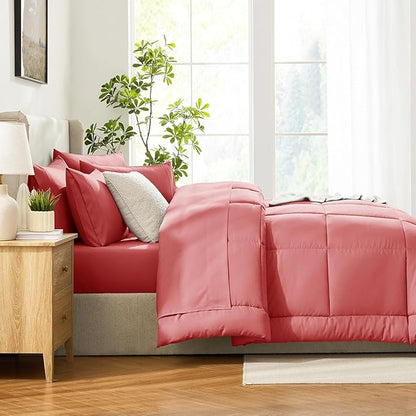 CozyLux Queen Comforter Set Coral, 7 Pieces Bed in a Bag, Coral Comforter Queen Size, All Season Bedding Sets with Stitch Quilted Comforter, Flat Sheet, Fitted Sheet, Pillowcases