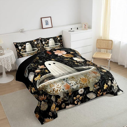 Erosebridal Halloween Ghost Queen Comforter Set, Halloween Decorations Black Bedding Set Funny Gothic Decor Comforter for Kids Boys Girls Teens Women Men, Retro Horror Terror Theme Quilt