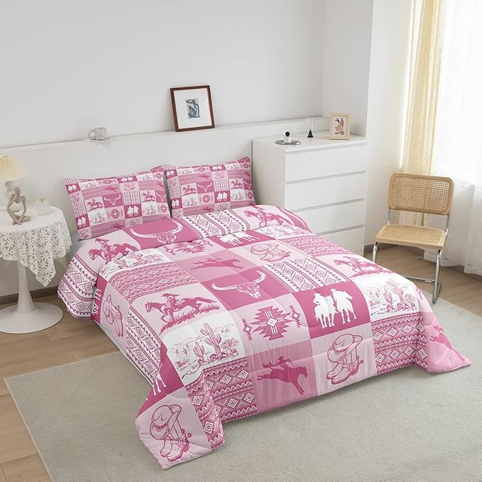 Western Bedding Sets King Size,Pink Cowboy Cowgirl Comforter Set for Kids Girls Boys Women Room Decor,Bull Skull Aztec Tribal Pattern Quilt Set Pink Striped Patchwork Gird Duvet Insert 3Pcs