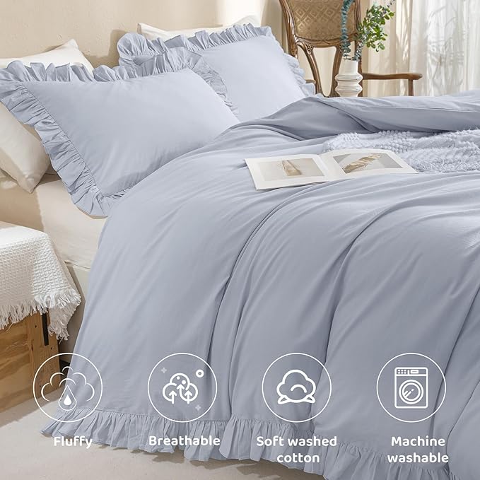 Sanracie Ruffled Bedding Comforter Sets King Size, Cotton Comforters Set 3Pcs for All Season Cornflower Blue Shabby Boho Chic Bedding French Country Farmhouse Rustic Aesthetic Bedroom Sets