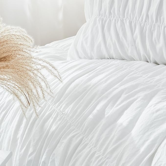 Bonlino King Size Comforter Set - Ruched White Comforter King Bed Set Boho Shabby Chic Bedding - Fluffy 3 Piece Ruffle Comforter Set with Pillow - Soft and Luxury