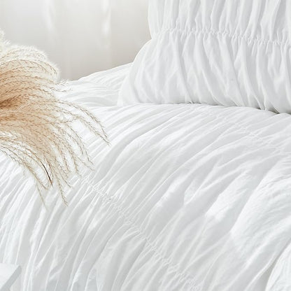 Bonlino King Size Comforter Set - Ruched White Comforter King Bed Set Boho Shabby Chic Bedding - Fluffy 3 Piece Ruffle Comforter Set with Pillow - Soft and Luxury
