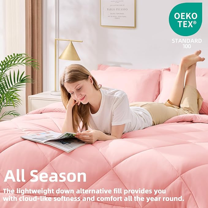 FUANNA 7 Pieces Queen Comforter Set, All Season Bed in a Bag Queen Size, Luxury Soft Bedding Sets with Comforter, Flat Sheet, Fitted Sheet, Pillowcases & Pillow Shams, Pink