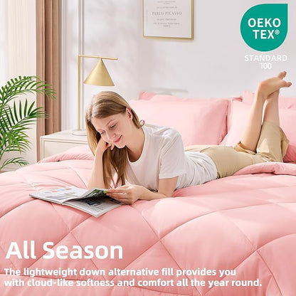 FUANNA 7 Pieces Queen Comforter Set, All Season Bed in a Bag Queen Size, Luxury Soft Bedding Sets with Comforter, Flat Sheet, Fitted Sheet, Pillowcases & Pillow Shams, Pink