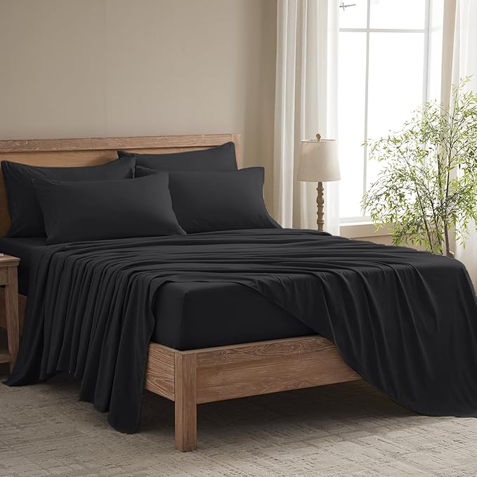 Full Size Bed Sheets - 6 Piece Soft Microfiber and Wrinkle Free Sheets - Easy Care, Extra Soft, Cooling Sheets - 1 Deep Pocket Fitted Sheet 1 Flat Sheet and 4 Pillowcases (Full Balck)