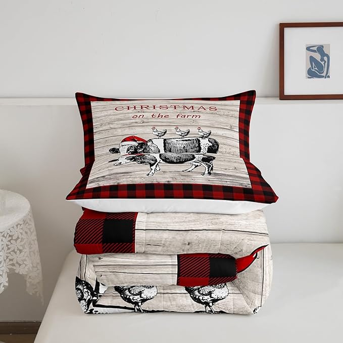 Christmas Farm Comforter Set for Kids,Cartoon Cow Chicken Bedding Set Teens Boys Room Decor,Vintage Wooden Plank Red Grids Comforter with 1 Pillowcase for All Seasons,Twin
