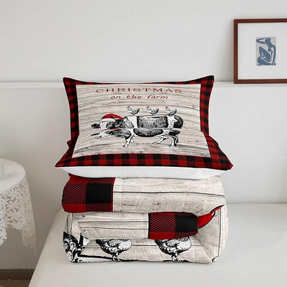 Christmas Farm Boys Kids Comforter Set Full Size,Vintage Wooden Plank Red Grids Duvet Set Room Decor,Cartoon Cow Chicken Brushed Microfiber Soft Bedding Comforter