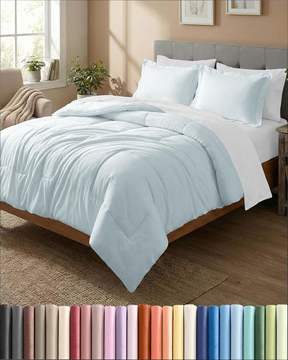 Queen Comforter Set - 3 Piece Bed Set for All Seasons - 1 Soft Quilted Comforter with Corner Tabs & 2 Pillow Shams - Comfy & Breathable - Premium Down Duvet Insert - Oeko-TEX - Queen Size, Ice Blue