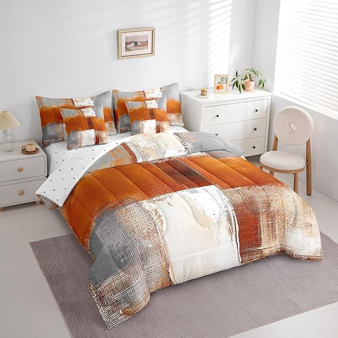 Erosebridal Orange White Gray Bedding Queen Size 7-Piece Oil Painting Comforter Set, Ombre Gradient Bed in a Bag with Flat Sheet and Fitted Sheet Graffiti Abstract Bedding Comforter Sets