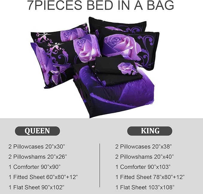 Xruibed Floral Comforter Set Queen 7 Piece Bed in a Bag Purple Rose Flower Comforter with Sheet Set Soft Micorfiber Bedding Set (1 Comforter,2 Pillow Shams,1 Flat Sheet,1 Fitted Sheet,2 Pillowcases)