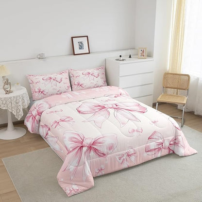 Erosebridal Pink Bow Girls Queen Bedding Set Kawaii Bowknot Comforter Set for Kids Teen Women Bedroom Decor,Glitter Bow Bedding Comforter Sets Dreamy Princess Bowknot Quilt Duvet 2 Pillow Cases