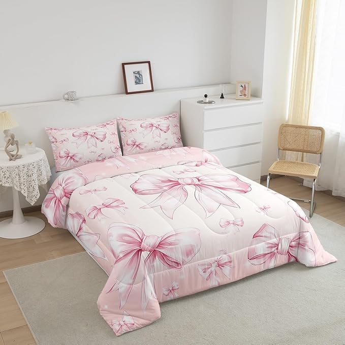 Erosebridal Pink Bow Girls King Bedding Set Kawaii Bowknot Comforter Set for Kids Teen Women Bedroom Decor,Glitter Bow Bedding Comforter Sets Dreamy Princess Bowknot Quilt Duvet 2 Pillow Cases