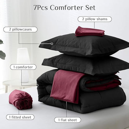 JOLLYVOGUE King Comforter Set, Ultra-Soft Bed in a Bag King Size 7 Pieces, Oeko-TEX Certified Bedding Set with Down Alternative Comforter, Sheets, Pillowcases & Shams, Burgundy & Black