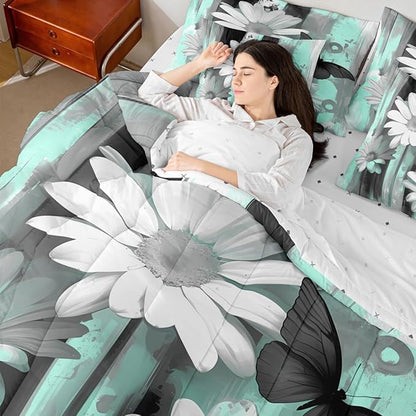 Feelyou Girls Daisy Flower Comforter Set with Sheets King Size 7 Pieces Kids Butterfly Floral Bedding Set for Boys Women Teens Teal Black Simple Modern Abstract Art Bed in a Bag Room Decor